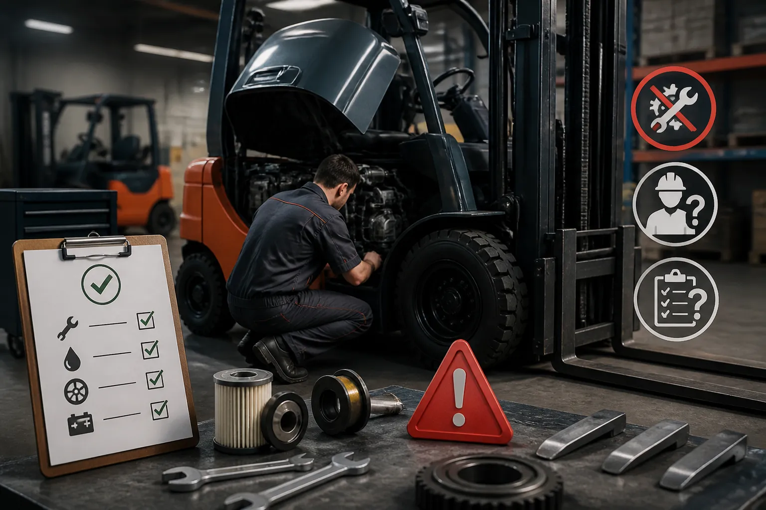 Tehnician care verifica un stivuitor pentru a preveni greseli frecvente de service stivuitoare