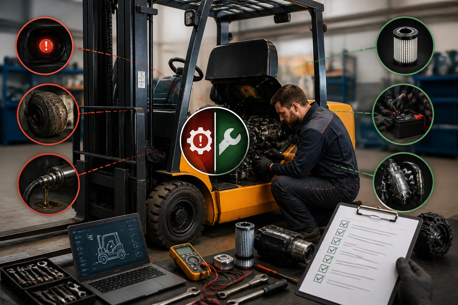 Tehnician care verifica un stivuitor pentru service stivuitoare probleme si solutii